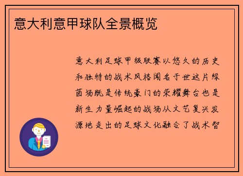 意大利意甲球队全景概览